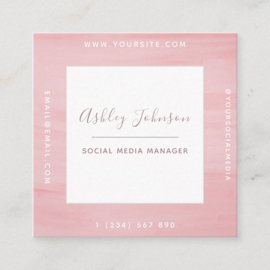 パステルピンク水彩上品なソーシャルメディアQRコード スクエア名刺 (正面)