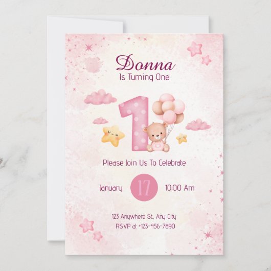 パステルピンク水彩可愛いクマ 招待状 (正面)