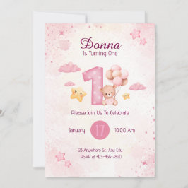 パステルピンク水彩可愛いクマ 招待状