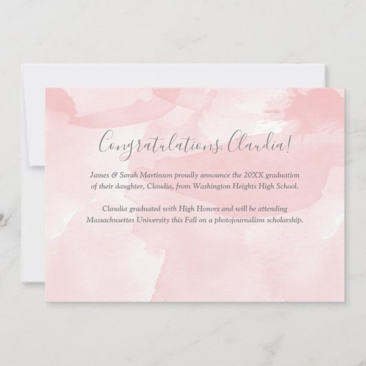 パステルピンク水彩洗数々のい写真卒業 案内状 (裏面)