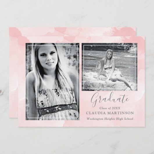 パステルピンク水彩洗数々のい写真卒業 案内状 (正面/裏面)