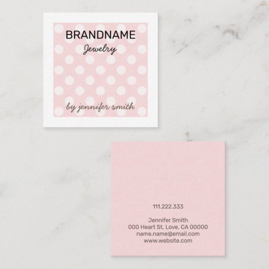 パステルピンク水玉模様手作りジュエリー スクエア名刺 (正面/裏面)