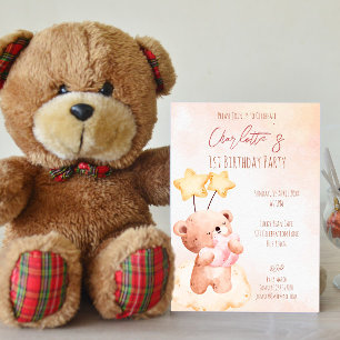 パステルピンク甘いテディベア誕生日パーティー 招待状