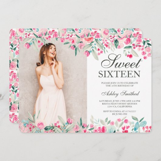 パステルピンク緑のフローラの水色の写真Sweet 16 招待状 (正面/裏面)