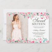 パステルピンク緑のフローラの水色の写真Sweet 16 招待状 (正面)