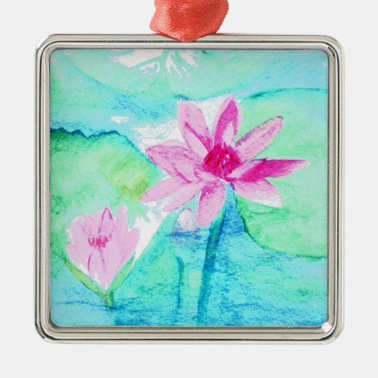 パステルピンク蓮の花の水色 メタルオーナメント (正面)