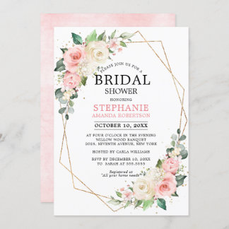 パステルピンク赤面バラフローラブライダルシャワー 招待状