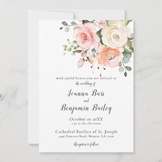 パステルピンク赤面バラフローラボ結婚タニカル 招待状 (正面)