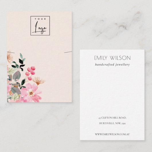 パステルピンク赤面フローラバンチネックレスディスプレイ 名刺 (正面/裏面)