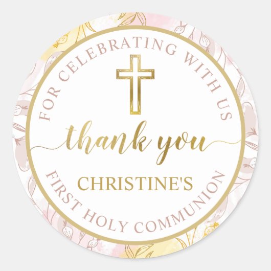 パステルピンク金ゴールドフローラファーストコミューニオンサンキュー ラウンドシール (正面)