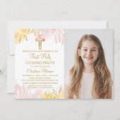 パステルピンク金ゴールドフローラファーストホーリーコミュニオンフォト 招待状 (正面)