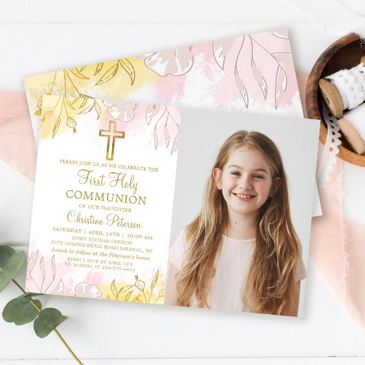 パステルピンク金ゴールドフローラファーストホーリーコミュニオンフォト 招待状