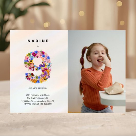 パステルピンク9誕生日フローラ招待状写真 招待状