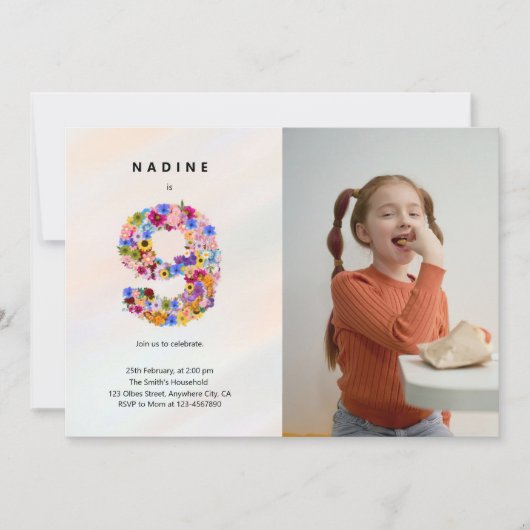 パステルピンク9誕生日フローラ招待状写真 招待状 (正面)