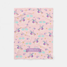 パステルピンク |かわいい虹のユニコーンパターン フリースブランケット