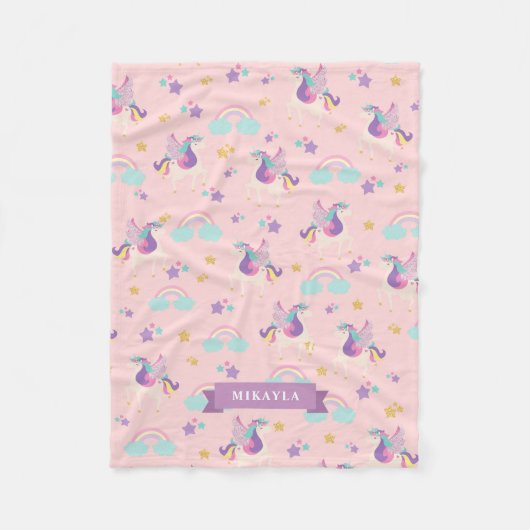 パステルピンク |かわいい虹のユニコーンパターン フリースブランケット (正面)
