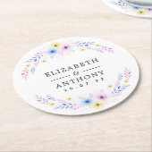 パステルピンク、イエロー、ブルーのフローラ結婚 ラウンドペーパーコースター (アングル)