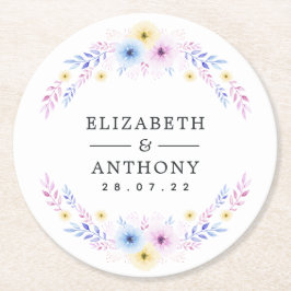 パステルピンク、イエロー、ブルーのフローラ結婚 ラウンドペーパーコースター
