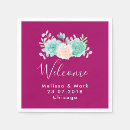 パステルピンク&グリーンフローラブーケウェルカム結婚ズ スタンダードカクテルナプキン