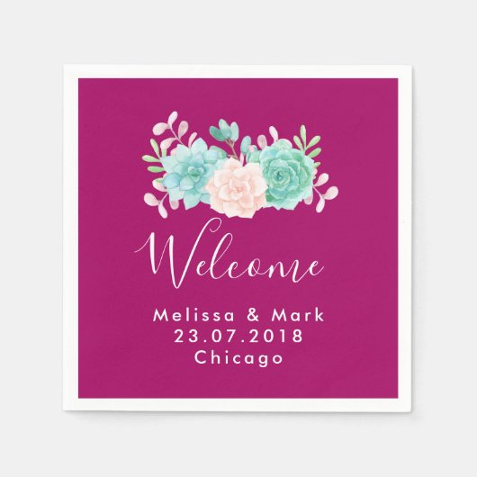 パステルピンク&グリーンフローラブーケウェルカム結婚ズ スタンダードカクテルナプキン (正面)