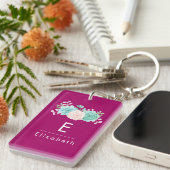 パステルピンク&グリーンフローラブーケオンマゼンタバック キーホルダー (正面右)