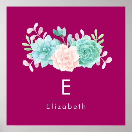 パステルピンク&グリーンフローラブーケオンマゼンタバック ポスター (正面)