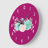 パステルピンク&グリーンフローラブーケオンマゼンタバック ラージ壁時計 (傾斜)