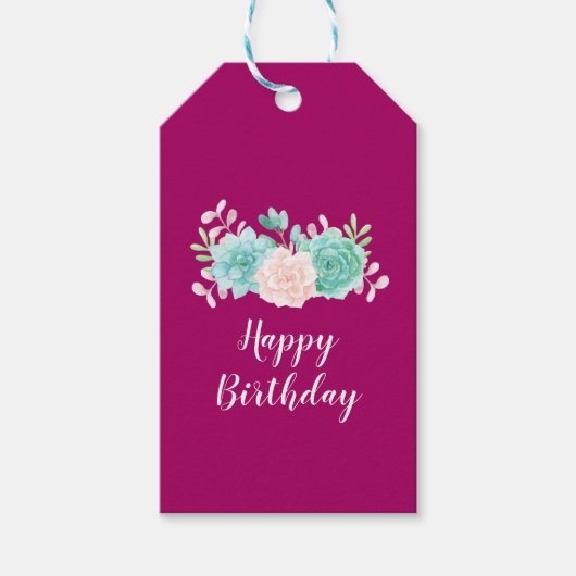 パステルピンク&グリーンフローラブーケハッピーバースデー ギフトタグ (正面)