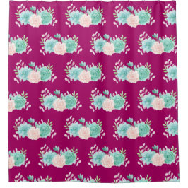 パステルピンク&グリーンフローラブーケパターン シャワーカーテン