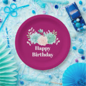 パステルピンク&グリーンフローラブーケ誕生日 ペーパープレート (パーティー)