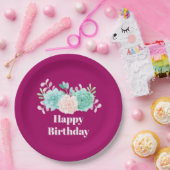 パステルピンク&グリーンフローラブーケ誕生日 ペーパープレート (パーティー)