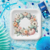 パステルピンク&グリーン秋カボチャ&フラワーズ ペーパープレート (パーティー)