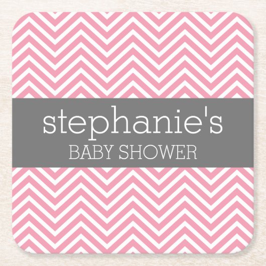 パステルピンク&グレーシェブロンベビーシャワーコレクション スクエアペーパーコースター (正面)