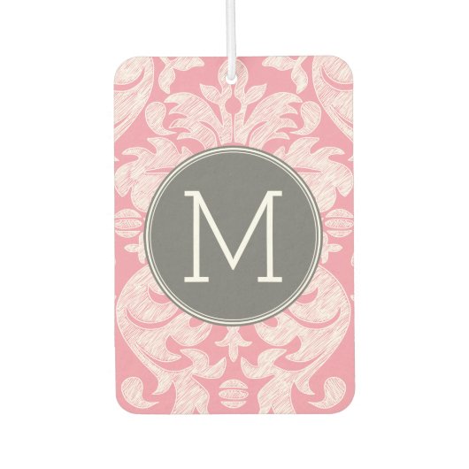 パステルピンク&グレーダマスクパターンカスタムモノグラム カーエアーフレッシュナー (正面)