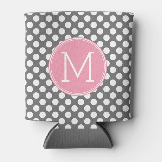 パステルピンク&グレー水玉模様ズ – クラシックモノグラム 缶クーラー (正面)