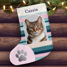 パステルピンク ティール 猫の足あと 写真入りカスタムグッズ スモールクリスマスストッキング