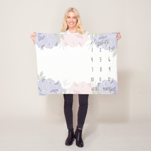 パステルピンク&パープルピオニーフローラベビーマイルストーン フリースブランケット (インサイチュ)