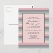 パステルピンク パープル 緑 ストライプ 誕生日 招待状 (正面/裏面)