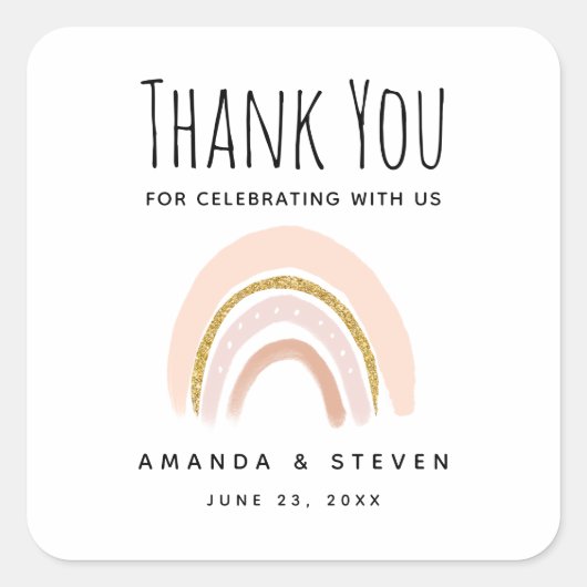 パステルピンク&フェイクグリッターボホレインボー結婚ズ スクエアシール (正面)
