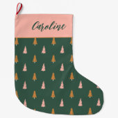 パステルピンク&フォレストグリーンツリーズホリデー ラージクリスマスストッキング (正面)