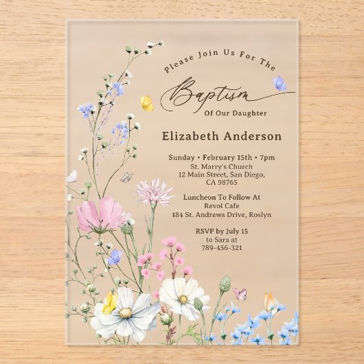 パステルピンク&ブルーワイルドフラワーお洒落バプテスマ アクリル招待状 (正面)