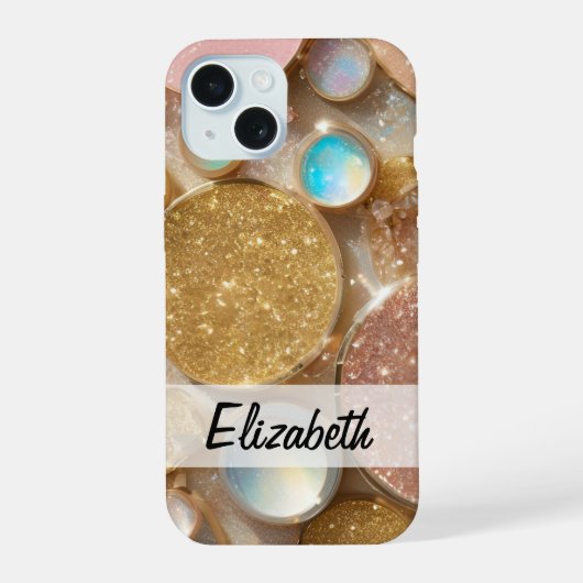 パステルピンク、ブルー、金ゴールド&シルバーグリッター iPhone 15ケース (裏面)