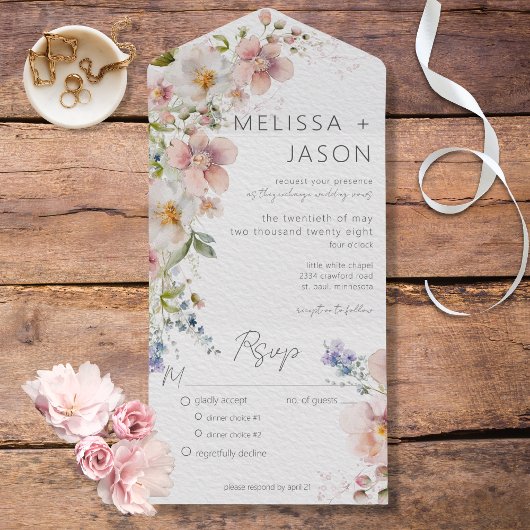 パステルピンク&ホワイトフローラディナー オールインワン招待状