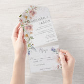 パステルピンク&ホワイトフローラモダンノディナー オールインワン招待状 (貼ってはがせる)