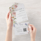 パステルピンク&ホワイトフローラモダンQRコード オールインワン招待状 (貼ってはがせる)