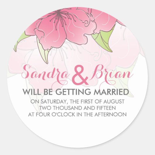 パステルピンク&ホワイトフローラ結婚ズデザイン ラウンドシール (正面)