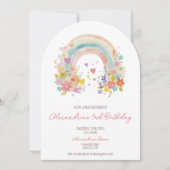 パステルピンク ボヘミアンレインボー フラワール 3歳誕生日 招待状 (正面)