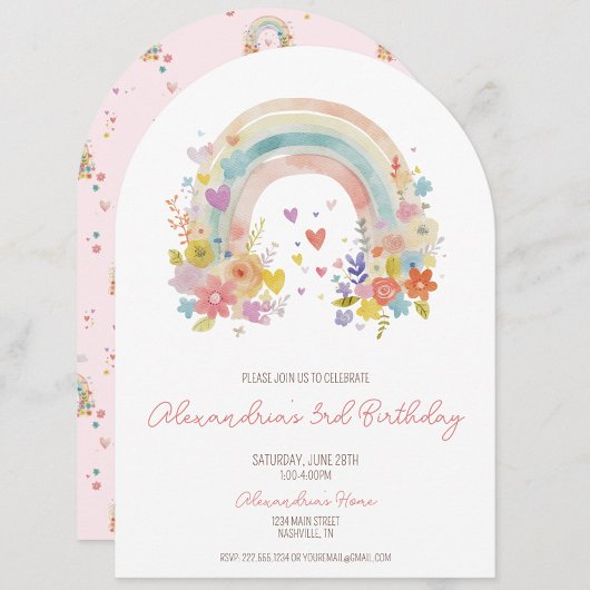 パステルピンク ボヘミアンレインボー フラワール 3歳誕生日 招待状