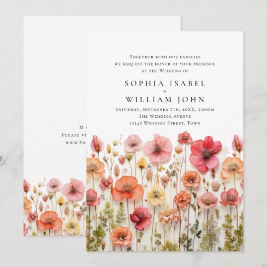 パステルピンク ボヘミア ワイルドフラワー ウェディング インビテーション (正面/裏面)