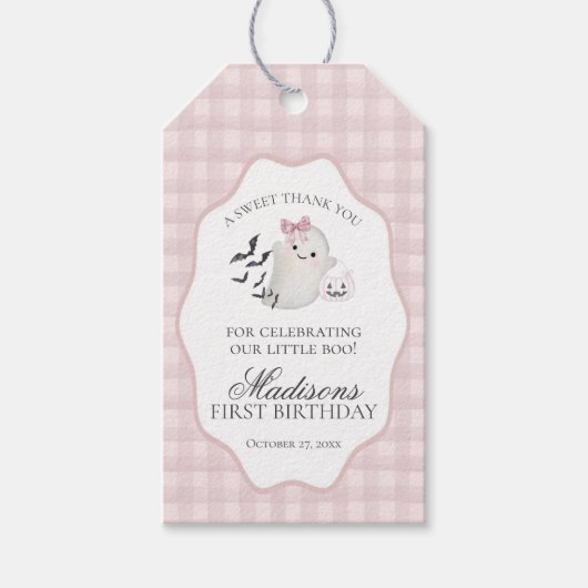 パステルピンク リトル ブー ゴースト バースデー パーティー ファーバー ギフトタグ (正面)